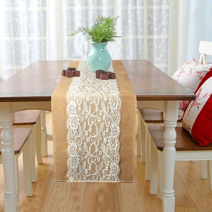 AK TRADING CO. Burlap & Lace Table Runner (Ivory Lace, 12x120 Inches) Perfect for Rustic Theme Weddings, Events, Parties, BBQ's, Dining Table & Home Décor