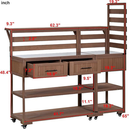 Outdoor Kitchen Cart with Stainless Steel Top, 62.3 Inch | Fir wood frame, stainless surface, raised shelf, fixed shelf, 2 lockable wheels, split-use design, BBQ prep, patio garden use