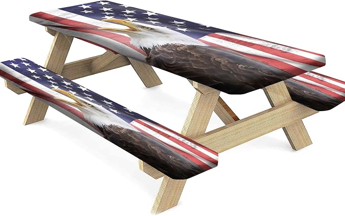 American Flag Picnic Fitted Tablecloth and Bench Seats Cover, 4th of July Independence Day USA Flag Rectangle Elastic Table Cover, 72x28 In, 3 Pcs Set, for Indoor/Outdoor Picnic, BBQ and Dining Use