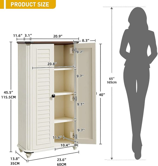 DWVO 45.2" Farmhouse Kitchen Pantry Cabinet wth 2 Shutters-Doors, White | 4-Tier Storage Cabinet, Adjustable Shelves, Wooden Tool Cabinet for Dining Room, Bathroom, Living Room, Laundry Room, Office