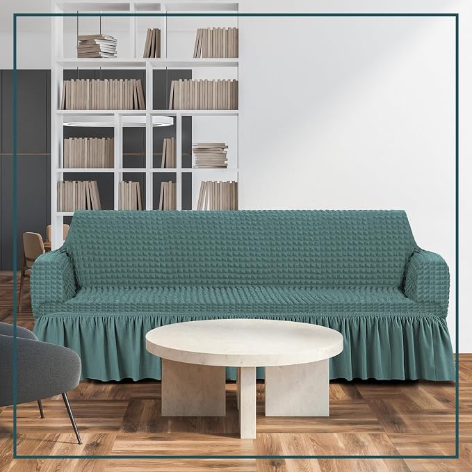 Fanfanwin 3 Pcs Sofa Slipcover Set for Couch Cushion Durable Washable High Elastic Stretchable Furniture Couch Covers with Skirt for Sofa Loveseat Arm Chair (Sage,Seersucker)