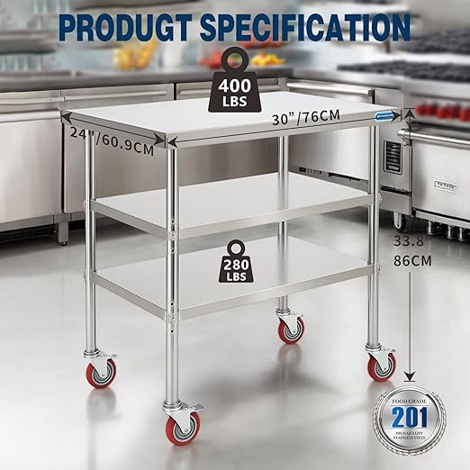 KUARBARR Stainless Steel Table with Wheels Stainless Steel Prep Table 24 x 30 Inch, NSF Commercial SS Metal Kitchen Prep Worktable for Restaurant Kitchen Garage Warehouse