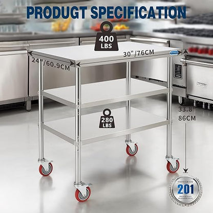 KUARBARR Stainless Steel Table with Wheels Stainless Steel Prep Table 24 x 30 Inch, NSF Commercial SS Metal Kitchen Prep Worktable for Restaurant Kitchen Garage Warehouse
