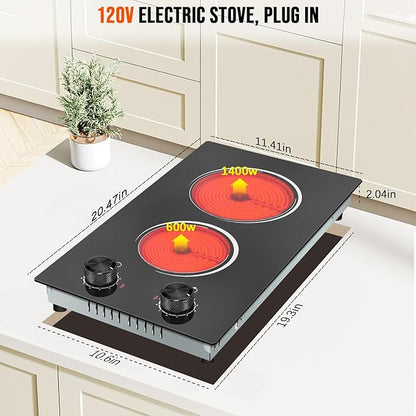2 Burner Electric Cooktop 110V, 12 Inch Electric Cook Top Plug in, 2000W Electrics Stove with Knob Control, Countertop & Built-in Ceramic Stovetop, 9 Heating Level, Residual Heat Indicator