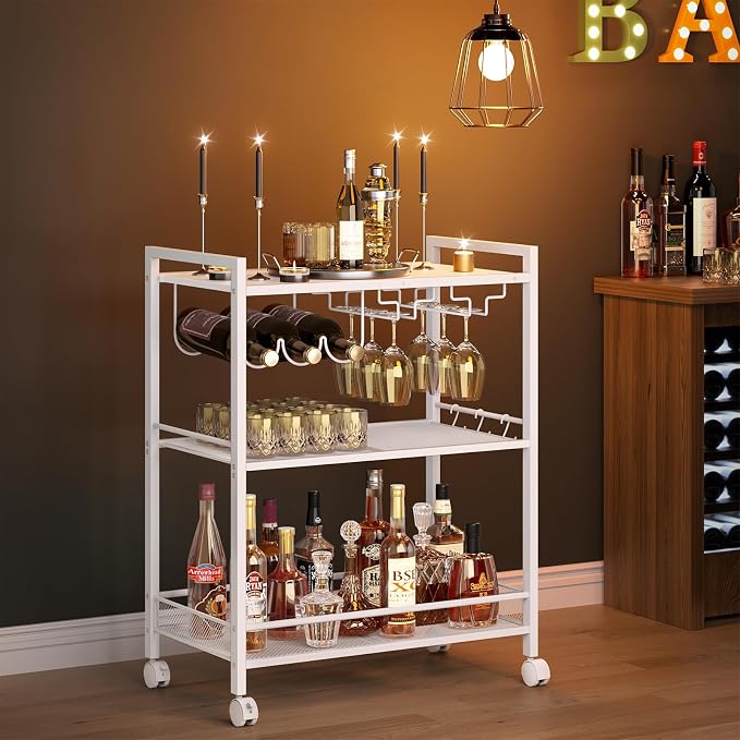 Joaxswe Bar Cart,3-Tier Home Bar Serving Cart with Lockable Wheels,White | Microwave Cart,Mobile Kitchen Shelf,Rolling Beverage Cart with Wine Rack and Glass Holder for Kitchen,Dinning Room