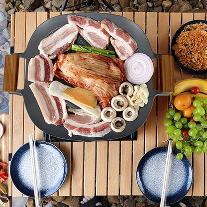 Korean Style 12.6in Grill Pan Non-stick Maifan Coated Smokeless Griddle Pan Compatible for Induction, Gas Stove, Electric Cooktop Stovetop Plate Indoor or Outdoor BBQ (Square with Wood Handle)