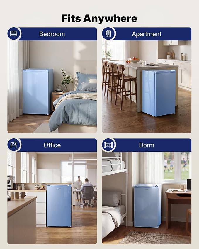 Upstreman 3.2 Cu.Ft Mini Fridge with Freezer, Blue-BR321 | Adjustable Thermostat, Energy Saving, Low Noise, Reversible Door, Small Refrigerator for Dorm, Bedroom, Office