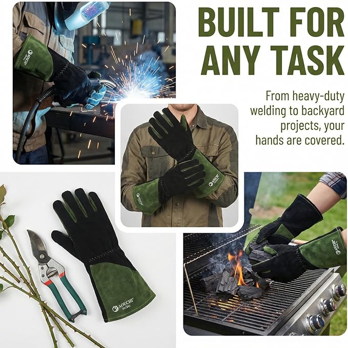 Leather Welding Gloves, Heat Fire Resistant, Mitts for BBQ Oven Grill Fireplace TIG MIG Forge Baking Furnace Stove Pot Holder Animal Handling. L, Black-green