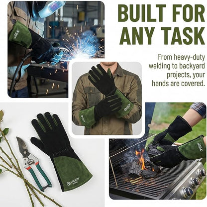 Leather Welding Gloves, Heat Fire Resistant, Mitts for BBQ Oven Grill Fireplace TIG MIG Forge Baking Furnace Stove Pot Holder Animal Handling. XL, Black-green