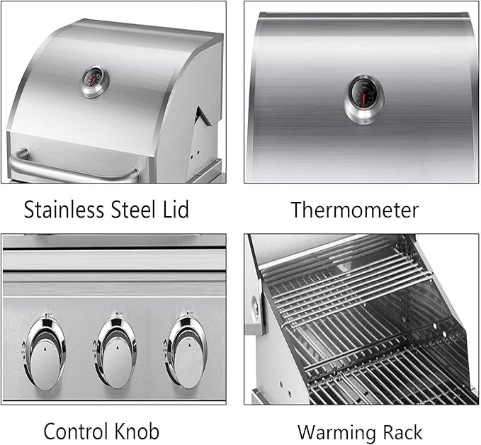 3-Burner Built-In Grill, Stainless Steel Propane Grill with Drawer-Style Oil Drip Tray, 30,000 BTU for Patio Backyard Parties Barbecue