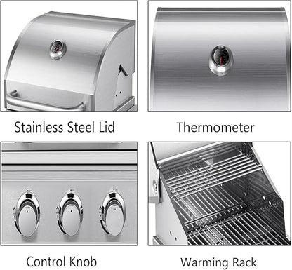 3-Burner Built-In Grill, Stainless Steel Propane Grill with Drawer-Style Oil Drip Tray, 30,000 BTU for Patio Backyard Parties Barbecue