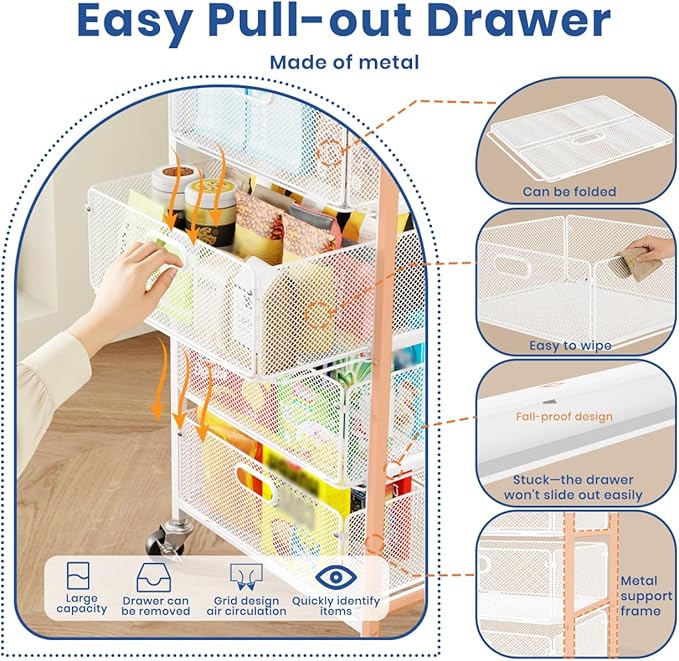 Goovilla Kitchen Cart with Drawers, Lockable Wheels with Wooden Top, White | 4 Tier Metal Rolling Utility Cart Organizer, Fruit Vegetable Storage Rack Also for Cans, Snack, Craft, Art, Office, Beauty