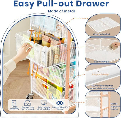 Goovilla Kitchen Cart with Drawers, Lockable Wheels with Wooden Top, White | 4 Tier Metal Rolling Utility Cart Organizer, Fruit Vegetable Storage Rack Also for Cans, Snack, Craft, Art, Office, Beauty