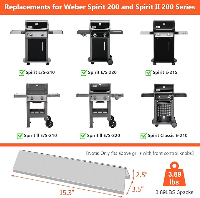 QuliMetal 7635 Grill Flavorizer Bars for Weber Spirit E210, E220, S210, S215, Spirit 200 & GS4 Spirit II E210, Spirit II E220 Grills with Front Control, Stainless Steel 15.3" Flavorizer Bars