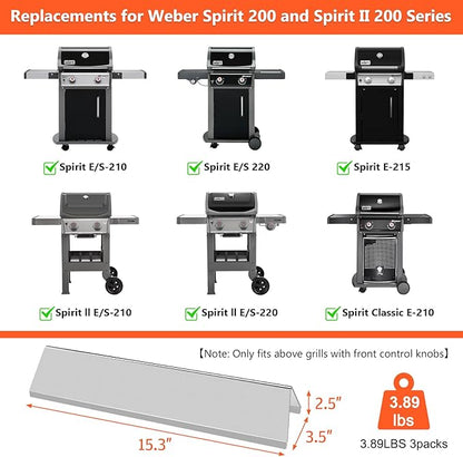 QuliMetal 7635 Grill Flavorizer Bars for Weber Spirit E210, E220, S210, S215, Spirit 200 & GS4 Spirit II E210, Spirit II E220 Grills with Front Control, Stainless Steel 15.3" Flavorizer Bars