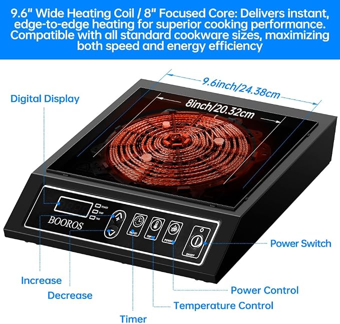 BOOROS Portable Induction Cooktop, 9.6" Heating Coil with 8" Core, 1800W | Induction Burner Countertop ,10 Temp Levels 175-520°F, 24H Timer & Preset, Overheat Protection for Commercial & Home Use