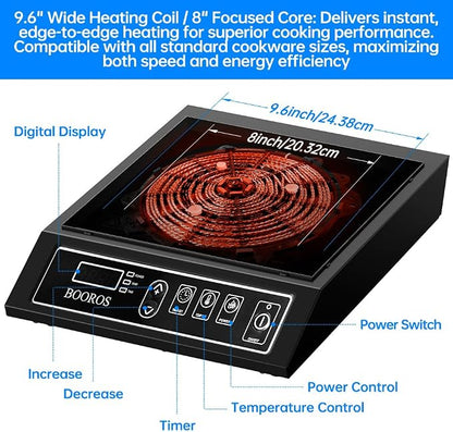 BOOROS Portable Induction Cooktop, 9.6" Heating Coil with 8" Core, 1800W | Induction Burner Countertop ,10 Temp Levels 175-520°F, 24H Timer & Preset, Overheat Protection for Commercial & Home Use