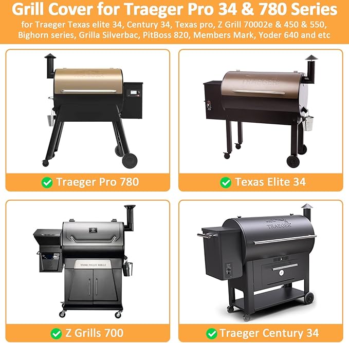 Grill Cover for Traeger Pro 34/780 Series, Waterproof Wood Pellet Smoker Cover for Traeger Pro 34, Pro 780, Texas and Z Grills 700 Series, BAC504 Pellet Cover for Texas 34 Grill Accessories