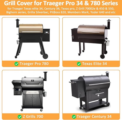 Grill Cover for Traeger Pro 34/780 Series, Waterproof Wood Pellet Smoker Cover for Traeger Pro 34, Pro 780, Texas and Z Grills 700 Series, BAC504 Pellet Cover for Texas 34 Grill Accessories