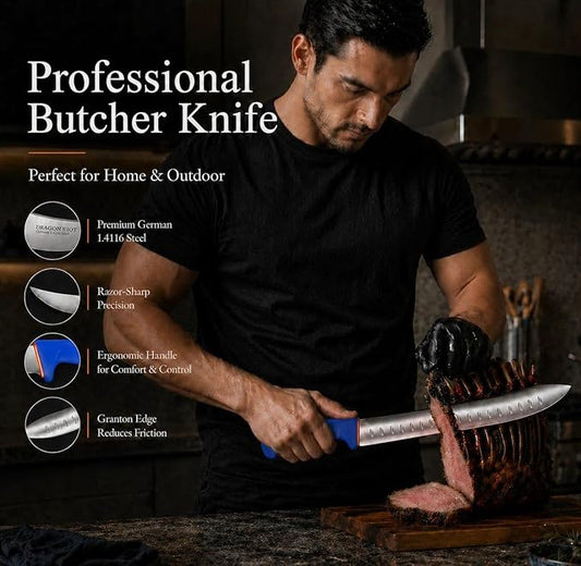 DRAGON RIOT 6 Pcs Butcher Knives Set, Meat Processing Knife Set for Brisket Trimming with German Stainless Steel and Blue Non-slip Handle Gift for Men