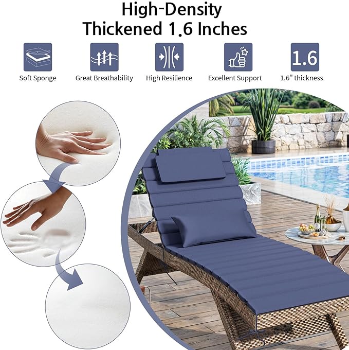 2 Sets of Outdoor Water-Resistant Olefin Chaise Lounge Cushions with Headrest and Pillow, Weather and Fade Resistant Foldable Quilted Lounge Chair Pads with Straps, Dark Blue, 73" L x 22" W