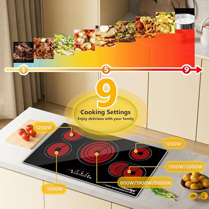 36 Inch Electric Cooktop 5 Burner Radiant Stove Top 9200W | 220-240V hardwired radiant cooktop with expandable zones independent timers overflow protection and flat-bottom cookware use
