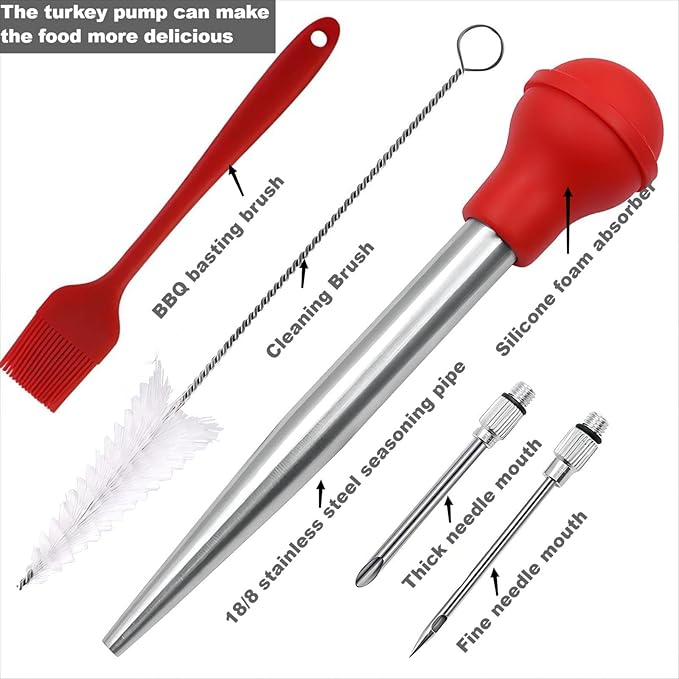 Turkey Baster Set, 18/8 Stainless Steel Turkey Baster Syringe for Cooking, Meat Injector Baster with 2 Needles & 2 Cleaning Basting Brush, Baster for Flavor Meat Poultry, Beef&Chicken Blue