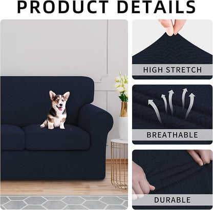 ISSUNTEX 2 Pieces High Stretch Thicken Chair Couch Covers, Soft Sofa Slipcover for 1 Separate Cushion Couch, Jacquard Fabric Elastic Sofa Cover Furniture Protector for Dogs (Chair, Navy)