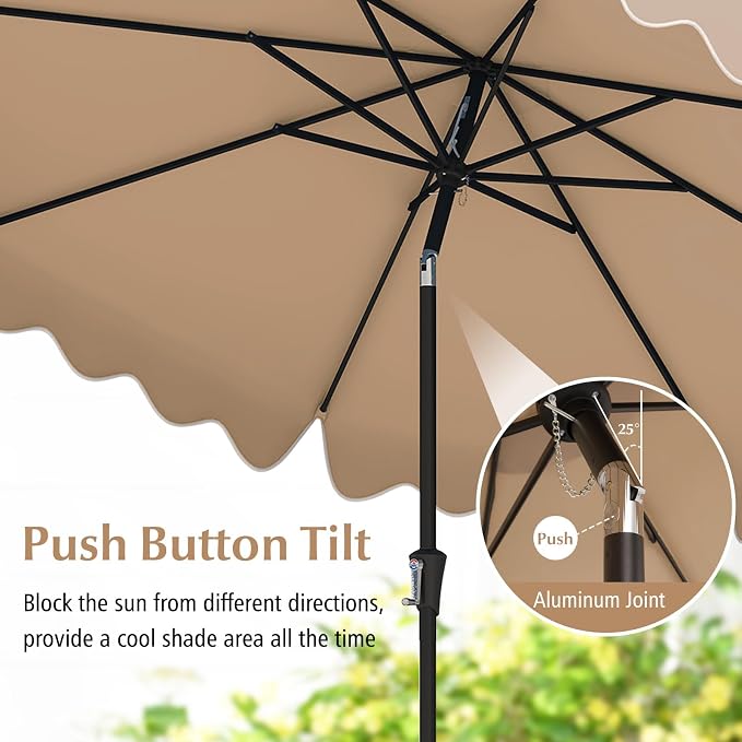 Tangkula 9Ft Patio Umbrella with Crank, 2-Tier Outdoor Umbrella with Push Button Tilt, Sun-Protective Canopy, 8 Ribs, Scalloped Patio Umbrella for Outdoor Beach Deck Pool Table (Coffee)