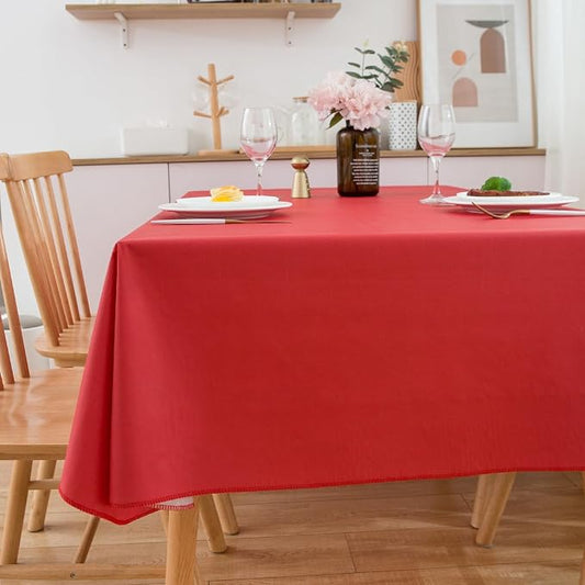 LIBERECOO Vinyl Christmas Tablecloth with Flannel Backing, Solid Red, Waterproof, Stain-Resistant, Easy-Clean Table Cover for Holiday, Dining, Kitchen, and Outdoor Use, 60" x 120" Rectangle