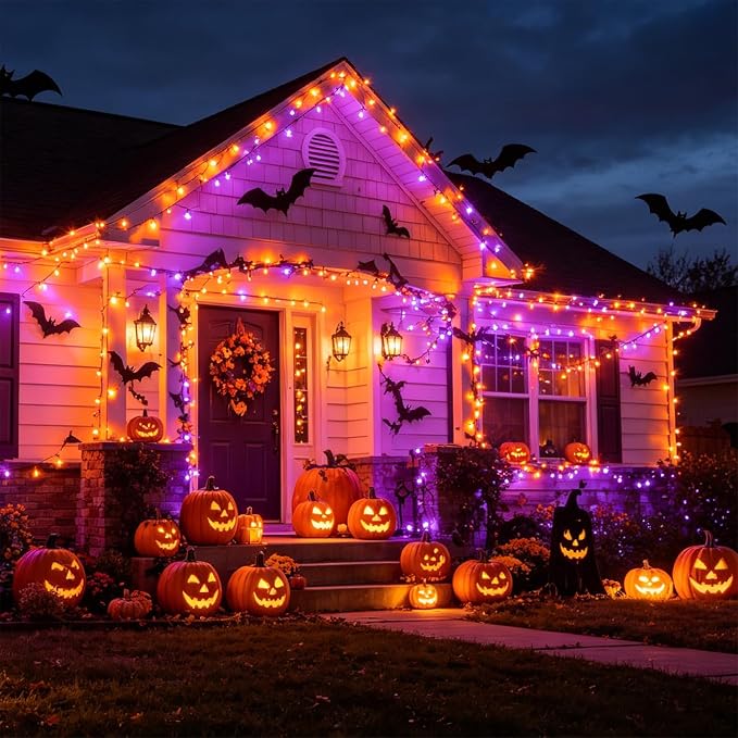 2 Pack Orange&Purple Halloween Lights, 100 Count, Incandescent Mini Halloween String Lights Outdoor, Black Wire Connectable Tree Light for Garland Xmas Thanksgiving Holiday Patio Home Decor