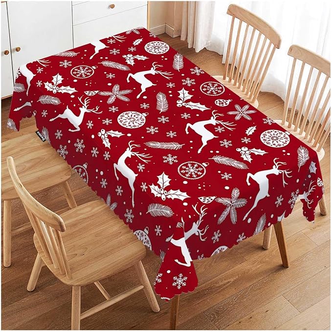 Swono Decorative Rectangle Table Cloth Christmas Deer, Winter Deers Snowflakes Holly Berry Polyester Tablecloth Kitchen Table Cover for Dining BBQ Picnic Coffee Table 50x72, 4-6 Seats