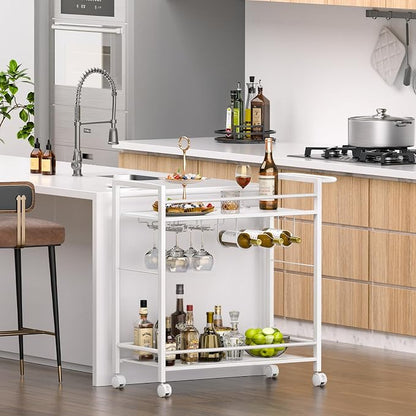 Joaxswe Bar Cart w/Wheels,Home Bar Serving Cart w/Storage Shelves,White | 2 Tier Rolling Beverage Cart,Modern Wine Cart w/ Wine Rack and Glass Holder for Kitchen, Living Room,Dinning Room