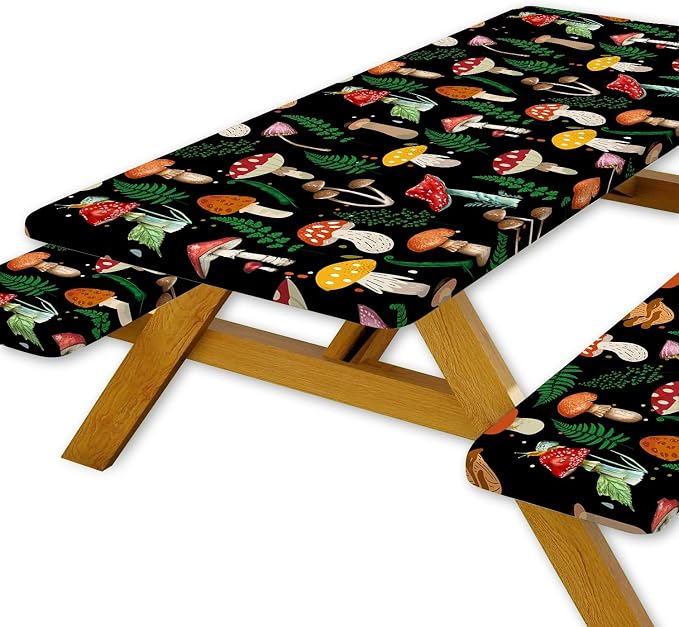 JAWO Black Picnic Table Cover with Bench Covers Elastic Edges Camping RV Essentials Waterproof Windproof Outdoor Fitted Tablecloth Rectangle Camping Tables and Seats, 30x60in