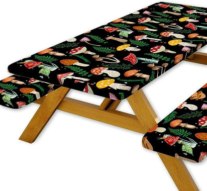 JAWO Black Picnic Table Cover with Bench Covers Elastic Edges Camping RV Essentials Waterproof Windproof Outdoor Fitted Tablecloth Rectangle Camping Tables and Seats, 30x60in