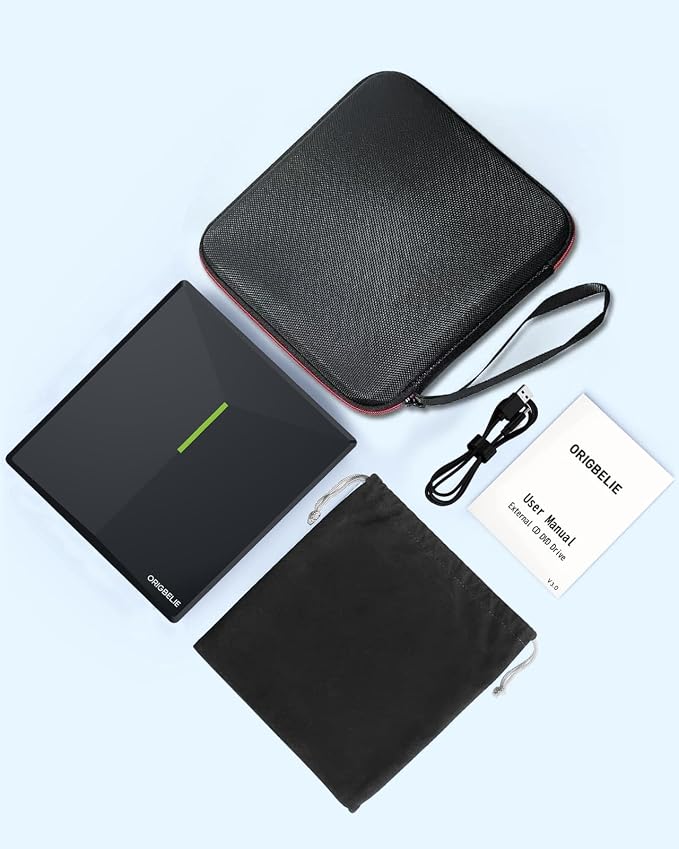 ORIGBELIE External CD DVD Drive, 4 USB & 2 TF/SD Card Ports & Carrying Case | USB C 3.0 Optical Disk Drive, Portable CD/DVD Player Burner Reader Writer for Laptop MacBook Desktop PC Windows Linux Mac OS