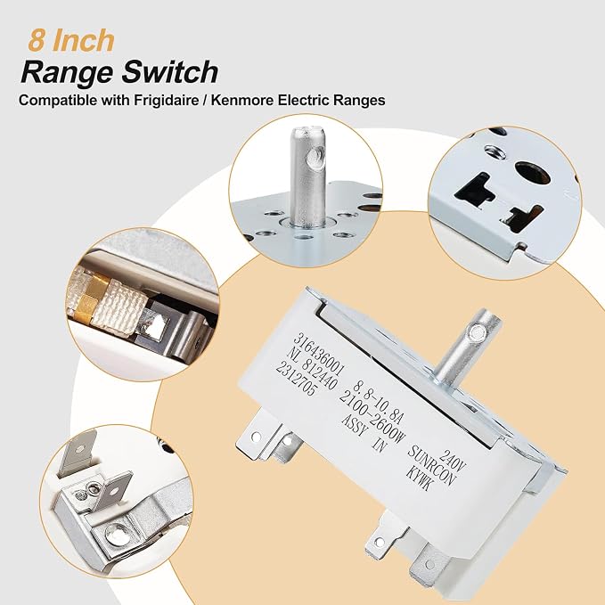 316436001 316021501 Range Infinite Switch for The Large Surface Burner Control Switch, Compatible with Frigidaire, Kenmore Stove, Replaces Parts: 5304506425 1155395, AP3885460, PS1145040, EAP1145040