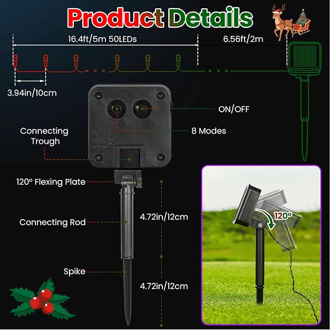 Solar Christmas Lights Outdoor Waterproof Solar Powered String Lights for Christmas Decorations, Total 100LED 45FT for Yard Pathway Garden Fence, 8 Modes 50LED x 2 Packs, Colorful
