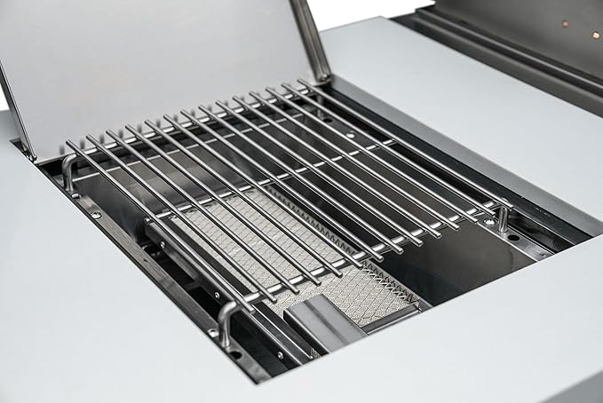 Mont Alpi Black Series Stainless Steel 94"W x 23"D Modular Outdoor Kitchen Island + Side Burner + Refrigerator + 44"W 6-Burner BBQ Gas Grill + White Granite Countertops + Storage Cabinets & Drawers