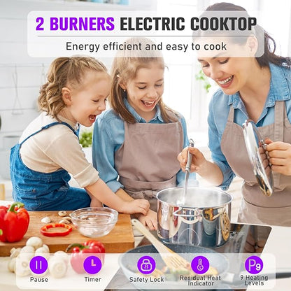 12 Inch 2 Burner Electric Cooktop, 2000W Double Ceramic Glass Stove Top with Touch Control or Slider Control & Infrared Heating, 9 Power Levels, Timer, Child Lock