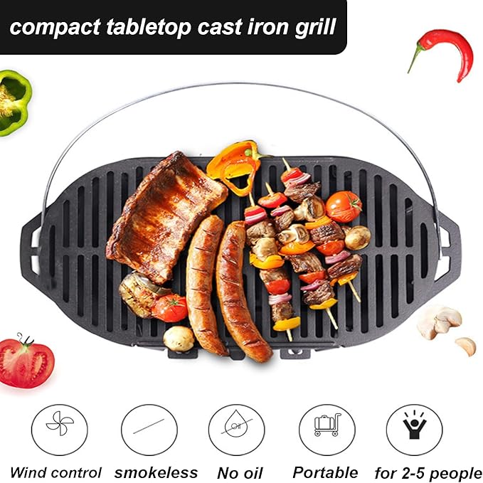 Cast Iron HibachiGrill Outdoor, Portable Cast Iron Charcoal Grill with Adjustable Air Vents - Compact for Outdoor Camping, Backyard BBQ, Picnics & Tailgating (Oval)