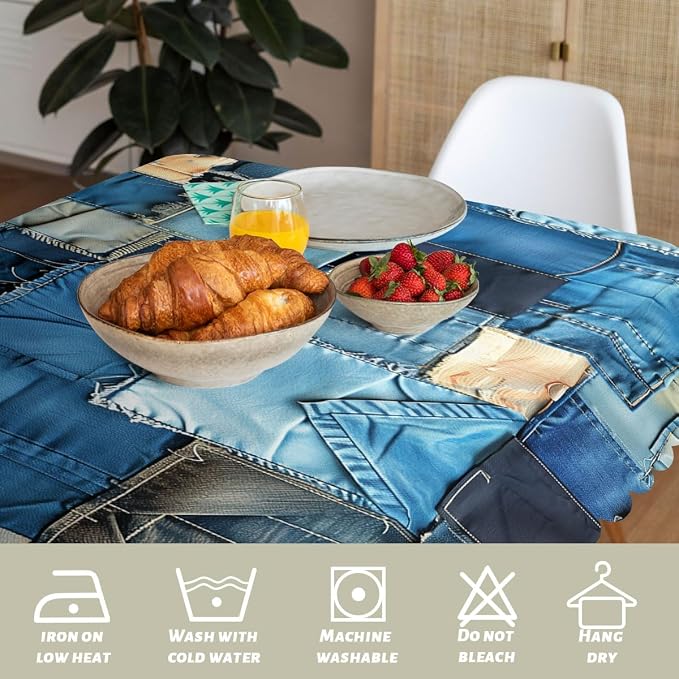 Denim Patchwork Table Cloth Vintage Romance Indigo Rectangle Polyester Table Cloths Kitchen Table Cover for Dining BBQ Picnic Coffee Table 52 x 70 Inch 4-6 Seats