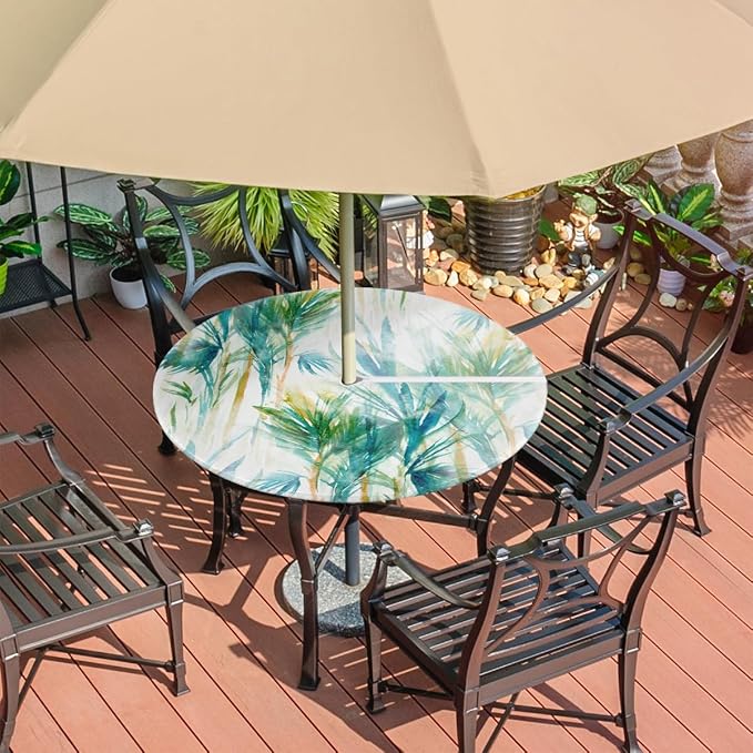 Fitted Round Tablecloth with Umbrella Hole and Zipper Tropical Trees Outdoor Elastic Table Cloth 45"-56" Oil-Proof Waterproof Abstract Tree Patio Table Cover for Picnic Party