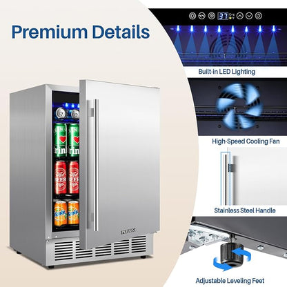 24 Inch Outdoor Beverage Refrigerator Holds Up to 180 Cans for Soda, Beer, Built-In or Freestanding Outdoor Fridge with Stainless Steel Door for Outdoor Kitchen, Patio, Home Bar