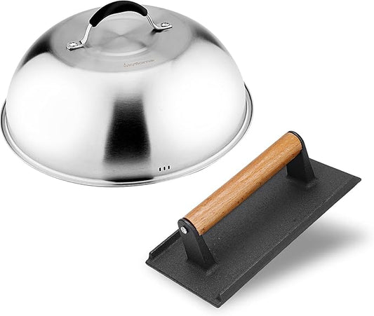Skyflame 12'' Cheese Melting Dome & 8'' Burger Press, 2pcs Griddle Accessories Set for Flat Top Grill/BBQ – Stainless Steel Cover & Bacon Smasher, Indoor Outdoor