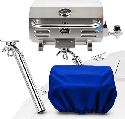 Tailwaves Marine Boat Grill w/Rod Holder Mount | Stainless Steel | Propane Boats & Tailgating & Camping | Built in Thermometer | Portable | Fold-away legs