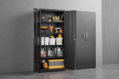 Approgreent Metal Storage Cabinet with Adjustable Shelves, Garage Cabinet with 2 Lockable Doors, Garage Storage Cabinet, Kitchen Pantry Cabinet - 71'H, Black