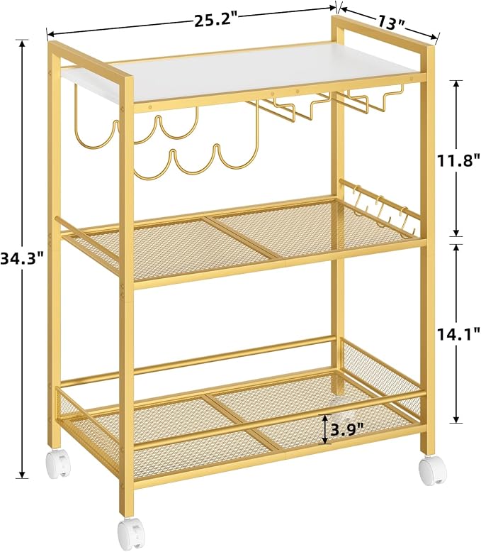 Joaxswe Bar Cart,3-Tier Home Bar Serving Cart with Lockable Wheels,Gold | Microwave Cart,Mobile Kitchen Shelf,Rolling Beverage Cart with Wine Rack and Glass Holder for Kitchen,Dinning Room
