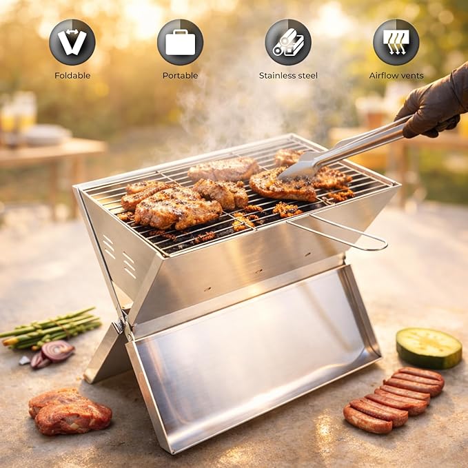 VED Portable Barbecue Grill – Foldable Notebook Style BBQ | Stainless Steel Charcoal Grill for 2-3 People | Outdoor BBQ for Camping, Terrace, Patio & Beach (35x24x39 cm)