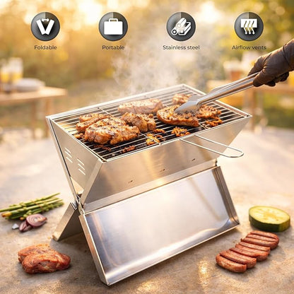 VED Portable Barbecue Grill – Foldable Notebook Style BBQ | Stainless Steel Charcoal Grill for 2-3 People | Outdoor BBQ for Camping, Terrace, Patio & Beach (35x24x39 cm)